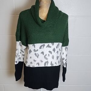 Elegant Green Black winter White Cowl Neck Tunic Sweater Vented Sides
